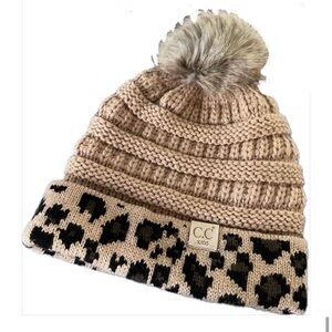 C.C. KIDS Beanie Leopard Print Knit Hat with Pom-Pom NWOT